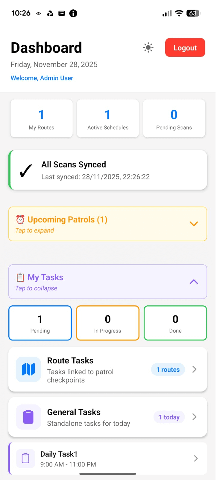 CheckTasks app home screen showing upcoming patrols, tasks and sync status