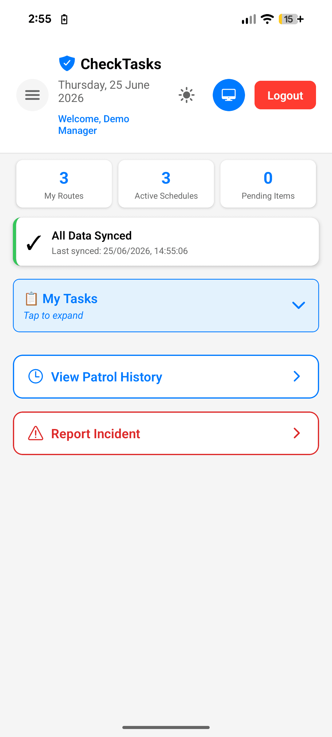 CheckTasks mobile app home — routes, schedules, tasks and sync status