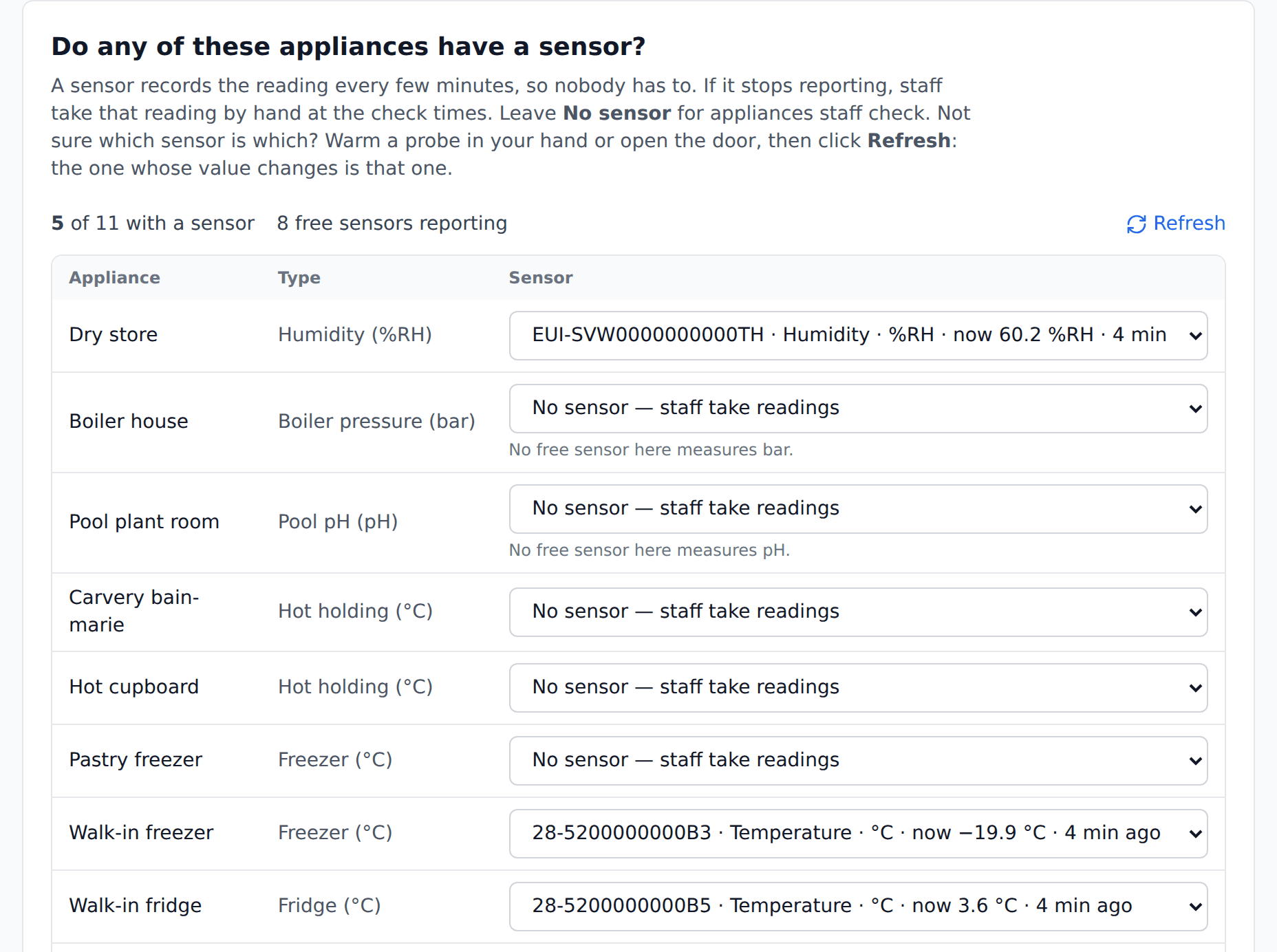 A step of the setup wizard listing each appliance with its type (humidity, boiler pressure, pool pH, hot holding, freezer, fridge) and whether staff or a sensor takes the reading