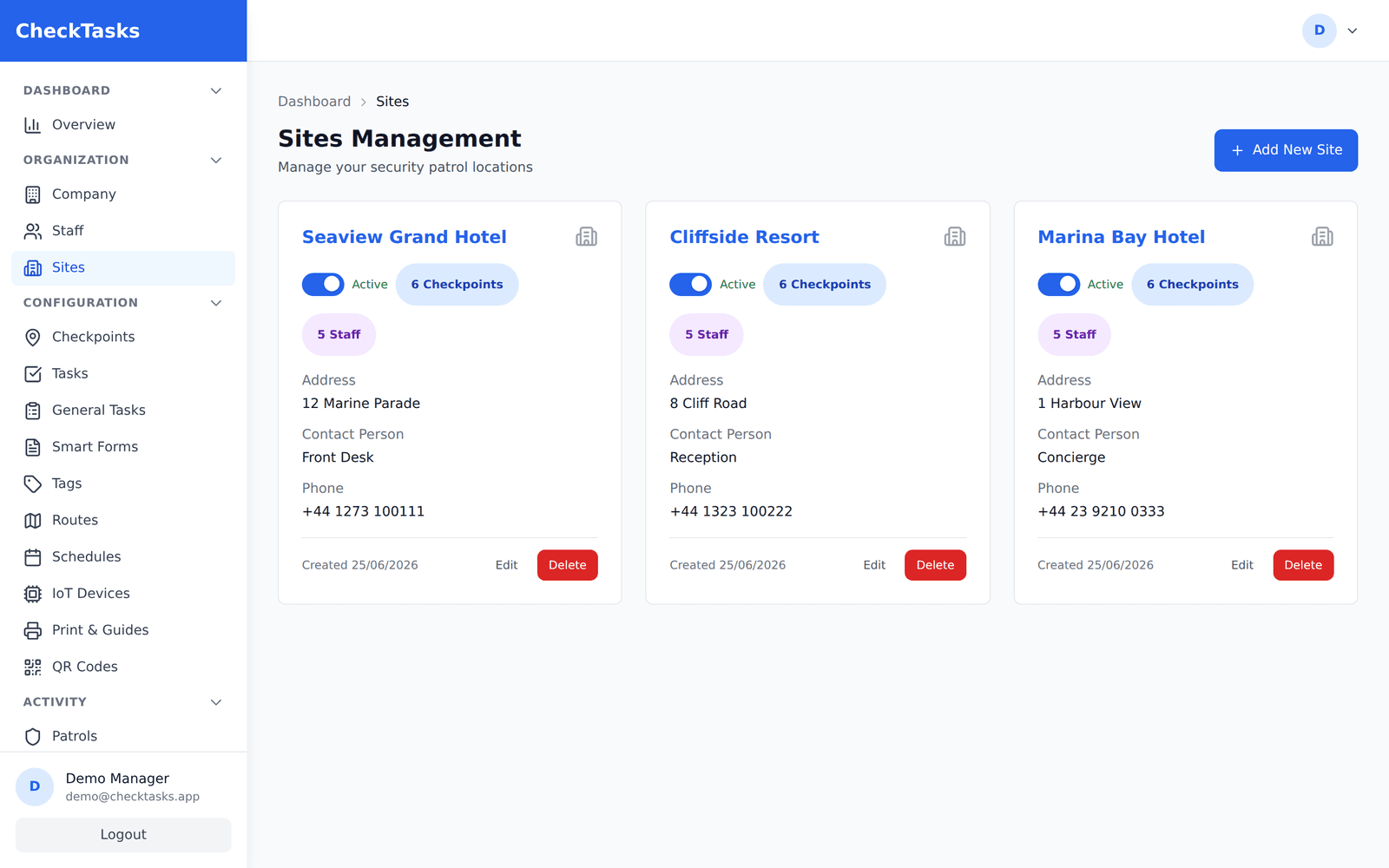 CheckTasks multi-site management — hotels with checkpoints, staff and contact details across a group