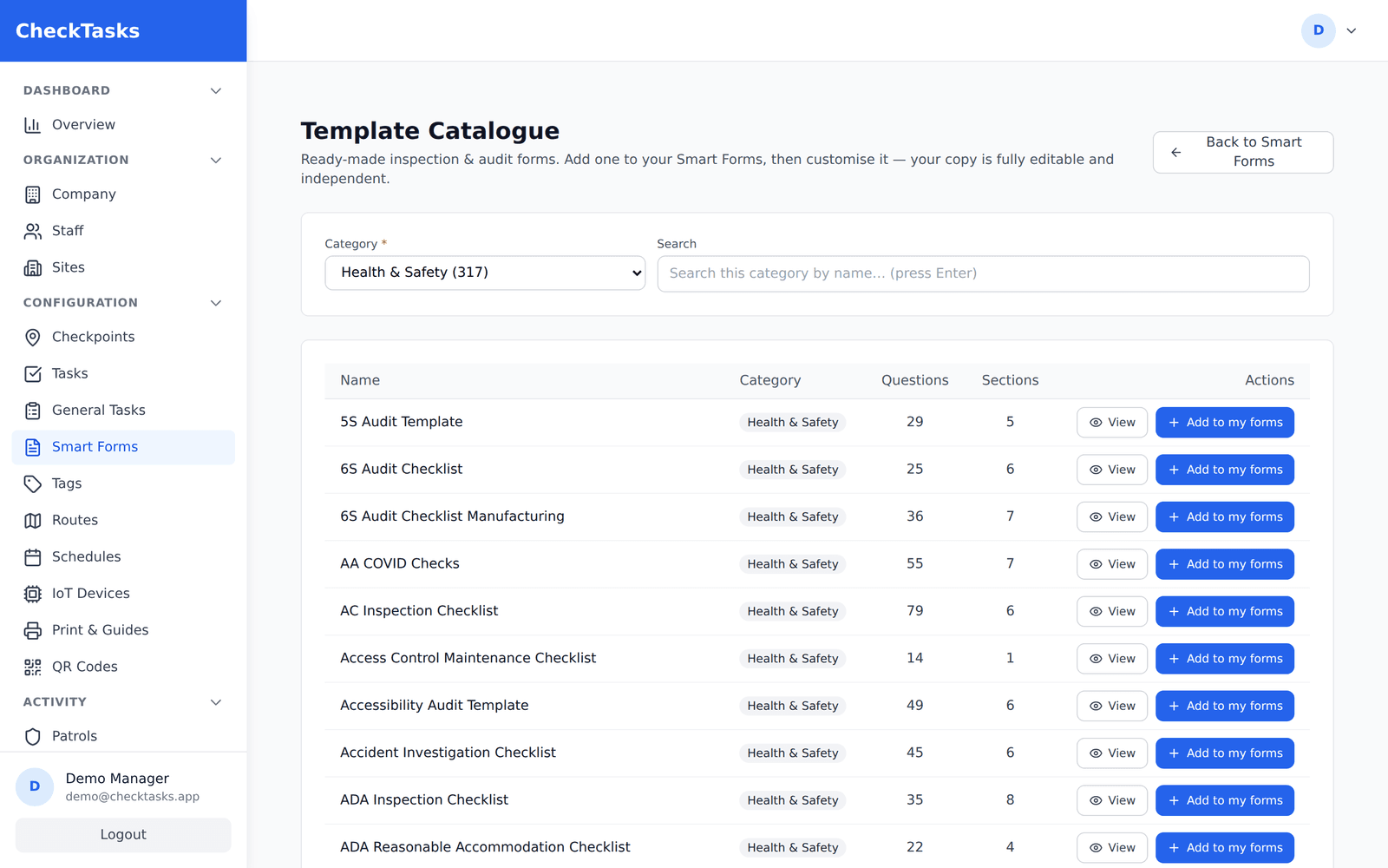 CheckTasks Smart Forms template catalogue — ready-made Health & Safety inspection templates with question and section counts